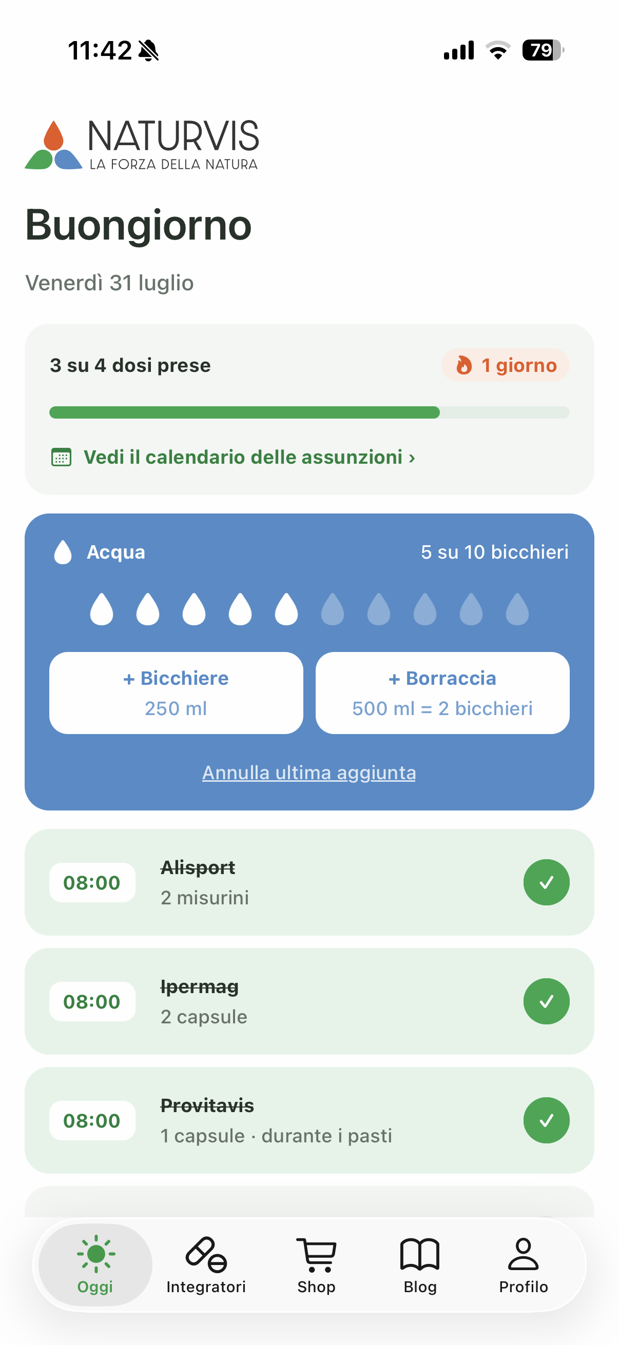 Schermata Oggi dell'app Naturvis con reminder delle assunzioni